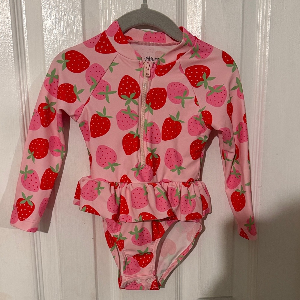 Little Me Pink Strawberry Ruffle Long-Sleeve Rashguard Swimsuit